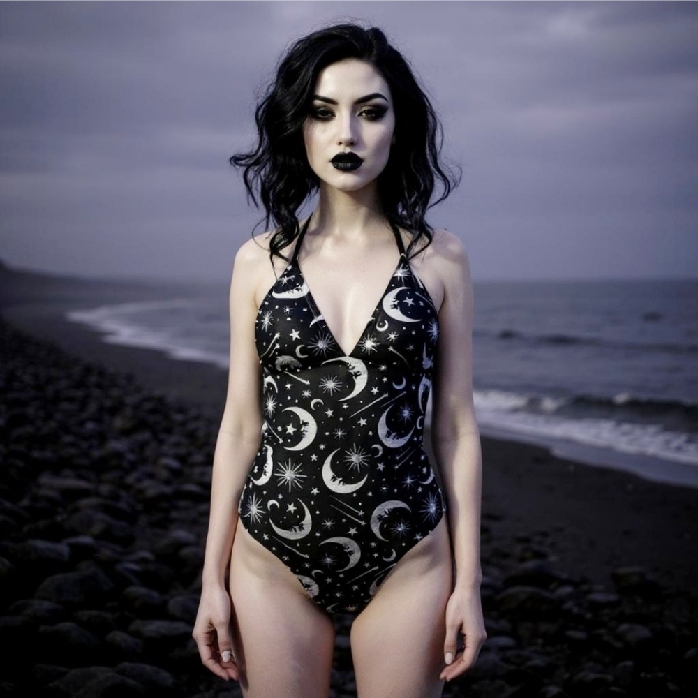 Killstar ✦ Under the Stars ✦ Celestial Halter Lace-Up One-Piece Gothic Swim XS - Picture 2 of 12